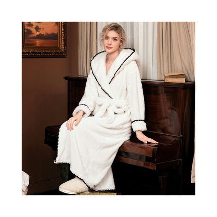 Women's Fleece Hooded Bathrobe Plush Long Robe Nightgown