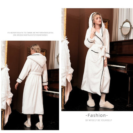 Women's Fleece Hooded Bathrobe Plush Long Robe Nightgown