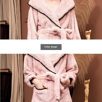 Women's Fleece Hooded Bathrobe Plush Long Robe Nightgown