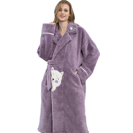 Women Plush Fleece Robe Soft Bathrobe Lady Cozy Loungewear Long Robe