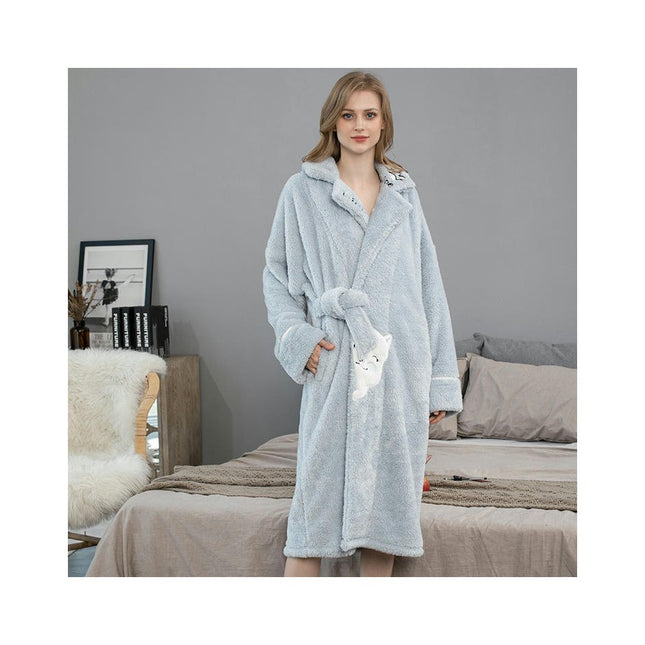 Women Plush Fleece Robe Soft Bathrobe Lady Cozy Loungewear Long Robe