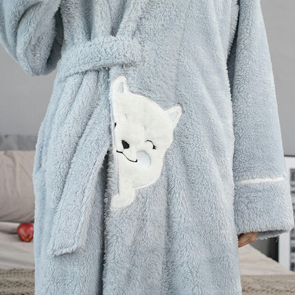 Women Plush Fleece Robe Soft Bathrobe Lady Cozy Loungewear Long Robe