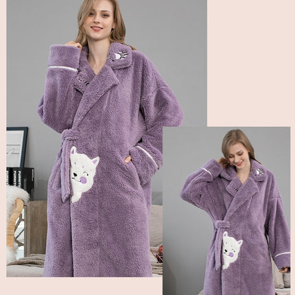 Women Plush Fleece Robe Soft Bathrobe Lady Cozy Loungewear Long Robe