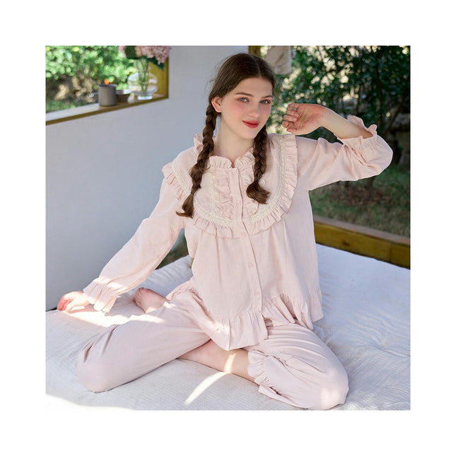 Casual Vintage Style Cotton Pajamas for Women Top and Pants Set 2 Piece