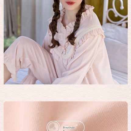 Casual Vintage Style Cotton Pajamas for Women Top and Pants Set 2 Piece