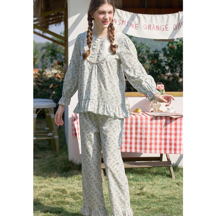 Women's Cotton Pajama Set 2 Piece Vintage Long Sleeve Top Pants Frill Sleepwear