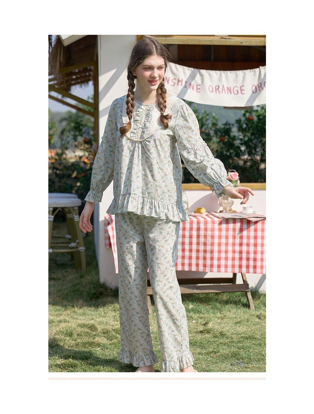 Women's Cotton Pajama Set 2 Piece Vintage Long Sleeve Top Pants Frill Sleepwear