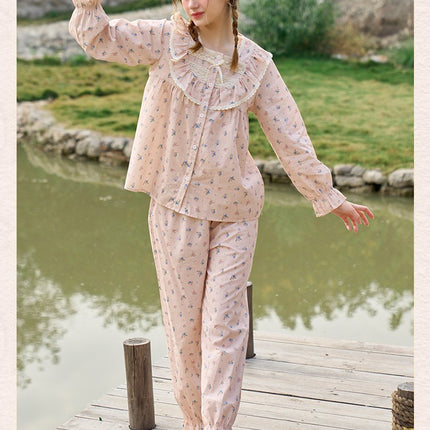 Women's 2 PCS Cotton Vintage Long Sleeve Pajama Set Nightgown Pants