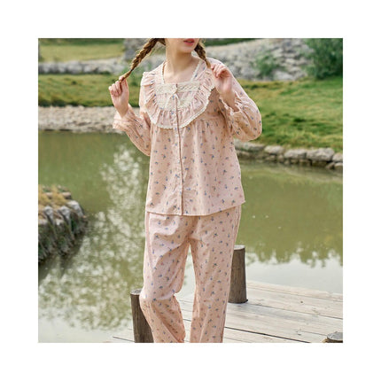 Women's 2 PCS Cotton Vintage Long Sleeve Pajama Set Nightgown Pants