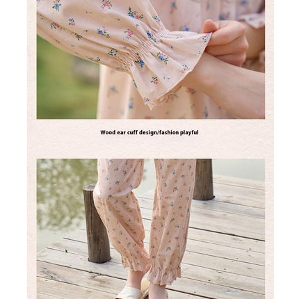 Women's 2 PCS Cotton Vintage Long Sleeve Pajama Set Nightgown Pants