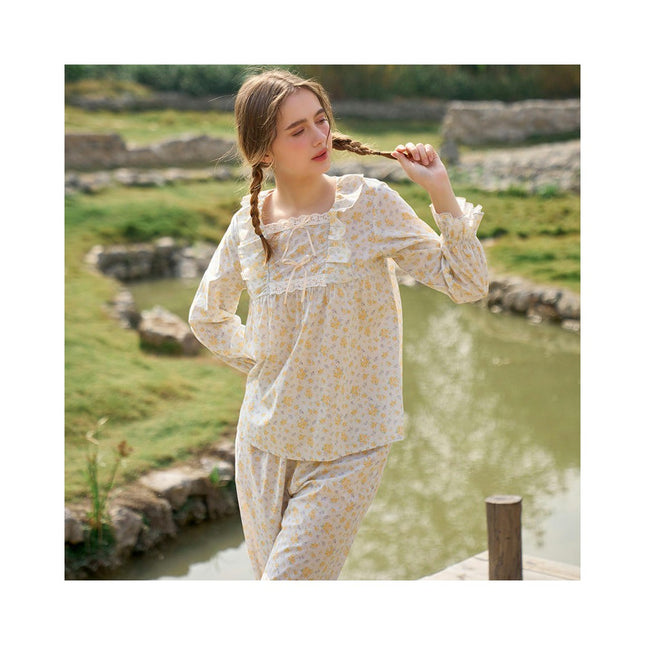 Women's 2 Piece Cotton Victorian Long Sleeve Pajama Set Pant Nightgown