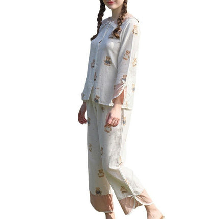 Pajamas for Women Vintage Long sleeve Cotton Two-Piece Soft Sleepwear