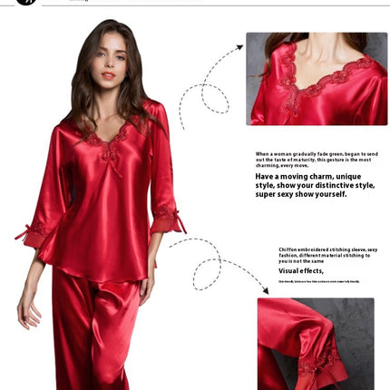 Women's Satin Pajama Set Long Sleeve Sleepwear with Long Pant Soft Pjs Set