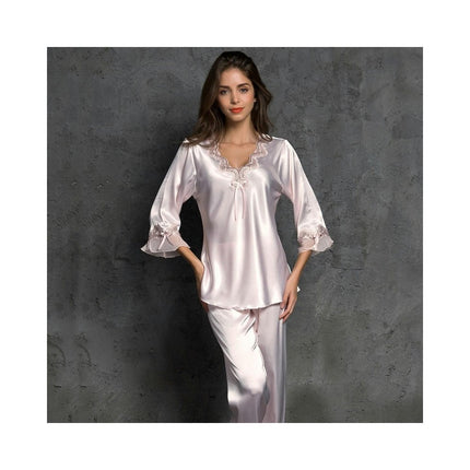 Women's Satin Pajama Set Long Sleeve Sleepwear with Long Pant Soft Pjs Set