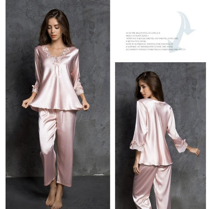 Women's Satin Pajama Set Long Sleeve Sleepwear with Long Pant Soft Pjs Set