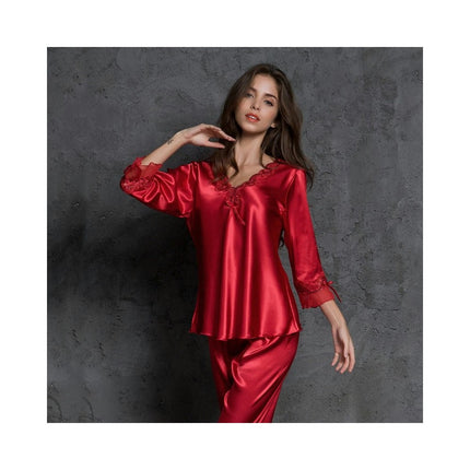 Women's Satin Pajama Set Long Sleeve Sleepwear with Long Pant Soft Pjs Set