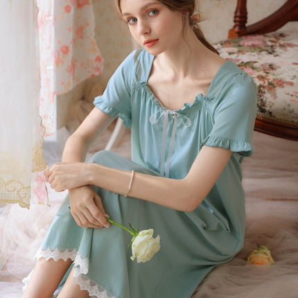 Women's Vintage Victorian Sleepwear Short Sleeve Nightgown Pajamas Lounge Dress