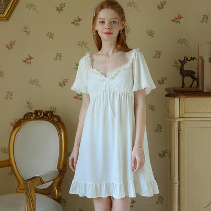 Women's Cotton Nightgown Short Sleeve Sleepwear Vintage Nightshirt Lounge Dress