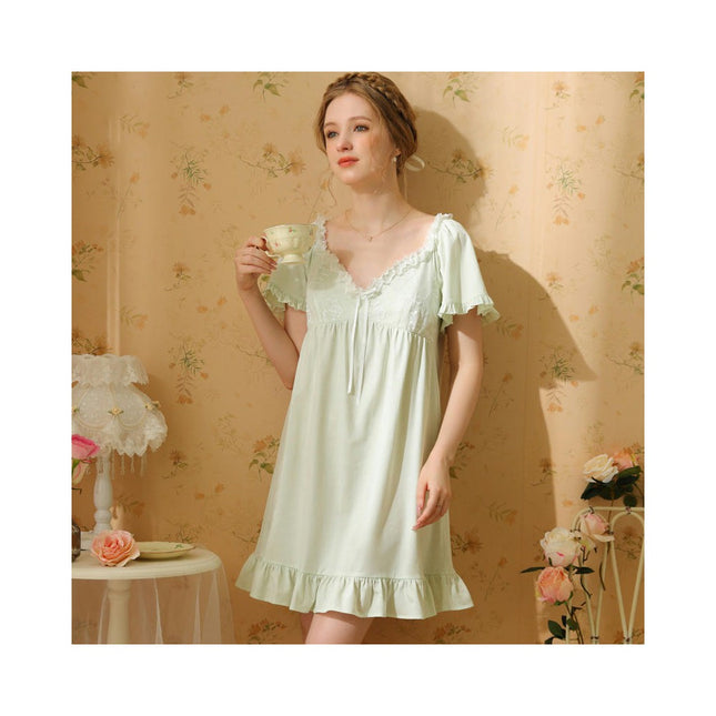 Women's Cotton Nightgown Short Sleeve Sleepwear Vintage Nightshirt Lounge Dress