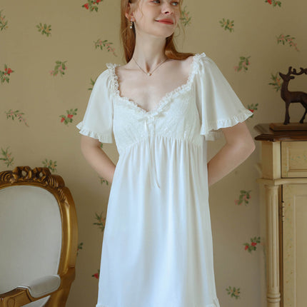 Women's Cotton Nightgown Short Sleeve Sleepwear Vintage Nightshirt Lounge Dress