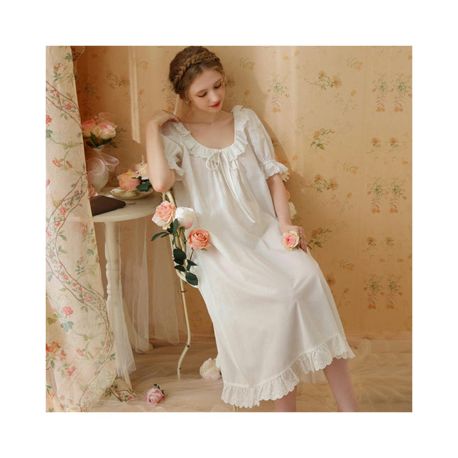 Women's Victorian Nightgown Cotton Short Sleeve Vintage Sleepwear Long Nightdress