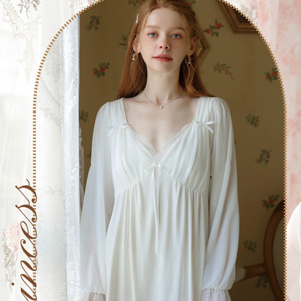 Women's Nightgown Vintage Sleepwear Long Sleeve V Neck Nightdress