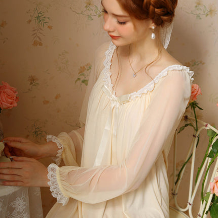 Women's Long Nightgown Long Sleeve Vintage V Neck Nightdress