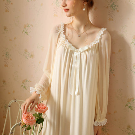 Women's Long Nightgown Long Sleeve Vintage V Neck Nightdress