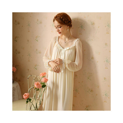 Women's Long Nightgown Long Sleeve Vintage V Neck Nightdress