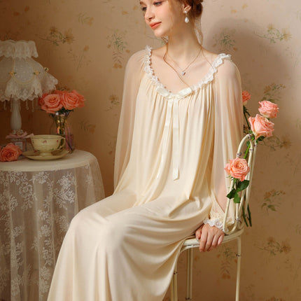 Women's Long Nightgown Long Sleeve Vintage V Neck Nightdress