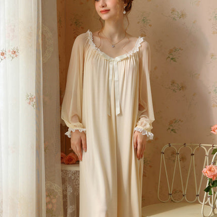 Women's Long Nightgown Long Sleeve Vintage V Neck Nightdress