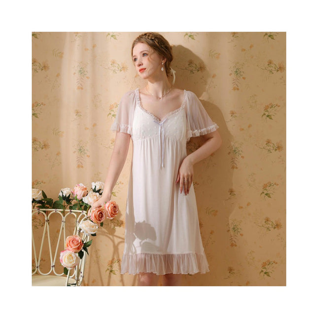 Women Nightdress Short Sleeve Vintage Nightgown Victorian Sleepwear Lounge Dress