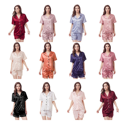 Women's Silk Satin Pajamas Set Two-piece Pj Sets Sleepwear Loungewear Button-Down Pj Sets