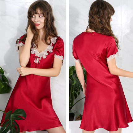 Women's Nightgown Silk Sleepwear Lace V Neck Chemise Short Sleeves Nightshirt Sleepdress