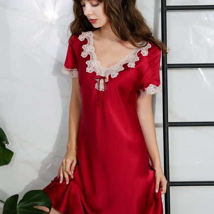 Women's Nightgown Silk Sleepwear Lace V Neck Chemise Short Sleeves Nightshirt Sleepdress