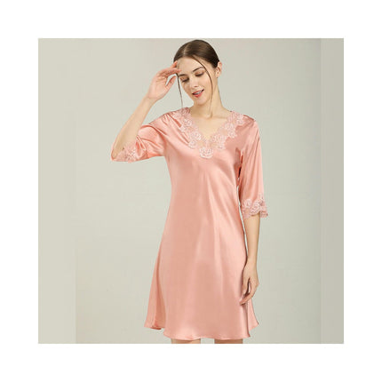 Women's Silk Nightgown Soft Lace Short Sleeve Sleep Dress Sleepwear