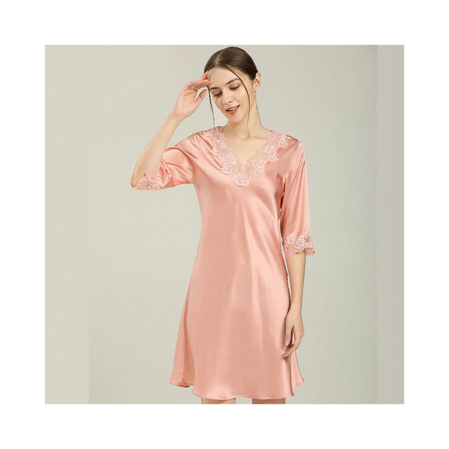 Women's Silk Nightgown Soft Lace Short Sleeve Sleep Dress Sleepwear