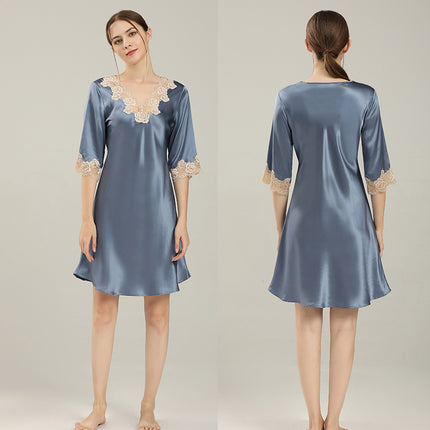 Women's Silk Nightgown Soft Lace Short Sleeve Sleep Dress Sleepwear