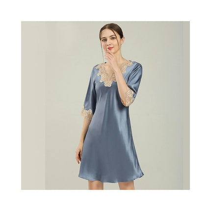 Women's Silk Nightgown Soft Lace Short Sleeve Sleep Dress Sleepwear