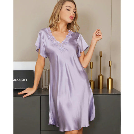 Chemise For Women Short Sleeve Nightgown Lace Silk Sleepwear Nightdress