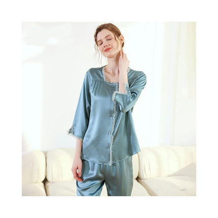 Women's Silk Pajamas Short Sleeve Shirts Pjs Long Pants Sleepwear 2 Piece Set