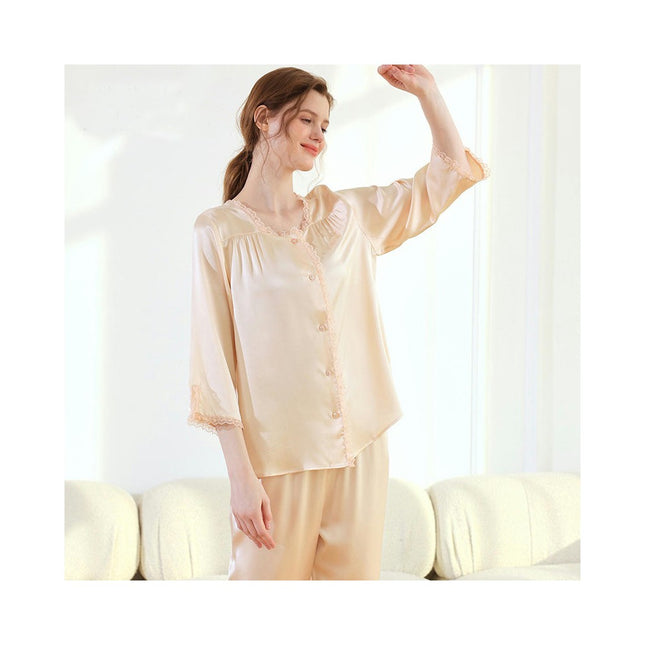 Women's Silk Pajamas Short Sleeve Shirts Pjs Long Pants Sleepwear 2 Piece Set