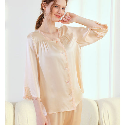 Women's Silk Pajamas Short Sleeve Shirts Pjs Long Pants Sleepwear 2 Piece Set