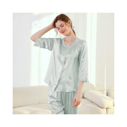 Women's Silk Pajamas Short Sleeve Shirts Pjs Long Pants Sleepwear 2 Piece Set