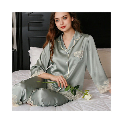 Women's Silk Pajamas Long Sleeve Shirts Pjs Pants Sleepwear 2 Piece Set