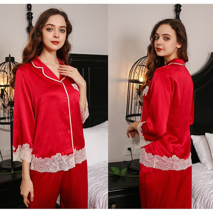 Women's Silk Pajamas Long Sleeve Shirts Pjs Pants Sleepwear 2 Piece Set