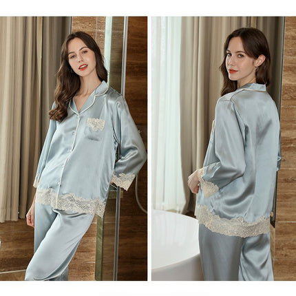 Women's Silk Pajamas Long Sleeve Shirts Pjs Pants Sleepwear 2 Piece Set