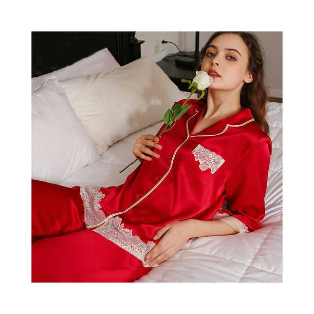 Women's Silk Pajamas Long Sleeve Shirts Pjs Pants Sleepwear 2 Piece Set