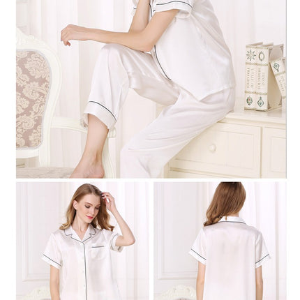 Women's Silk Pajamas Short Sleeve Shirts Pjs Pants Sleepwear 2 Piece Set