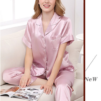 Women's Silk Pajamas Short Sleeve Shirts Pjs Pants Sleepwear 2 Piece Set